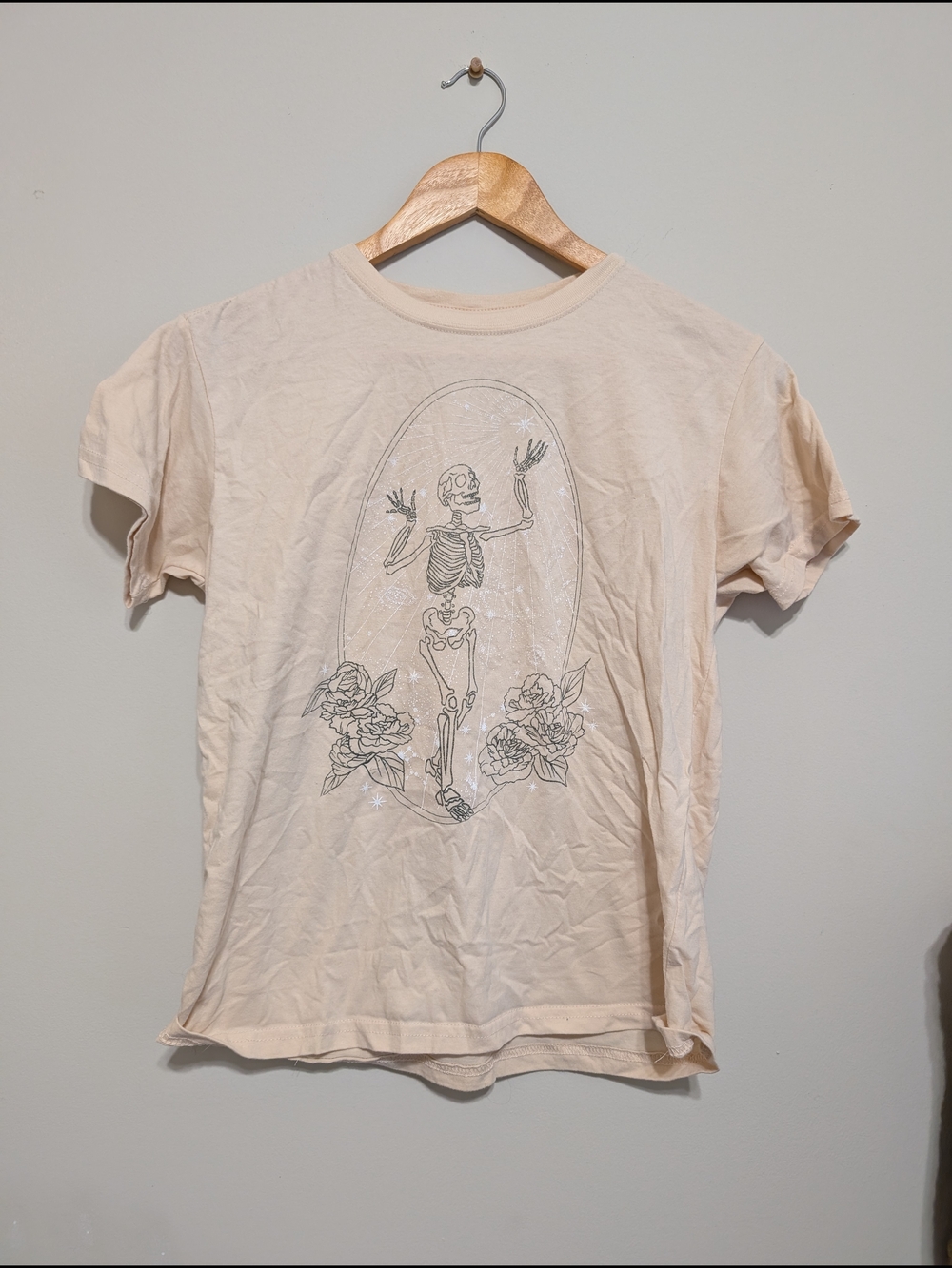 Mighty Fine Cream Short Sleeve Tee with Skeleton & Floral Graphic